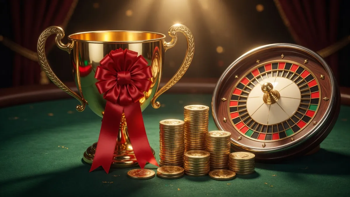 Gylden pokal med rГёd rosett og casinosjetonger pГҐ et spillebord